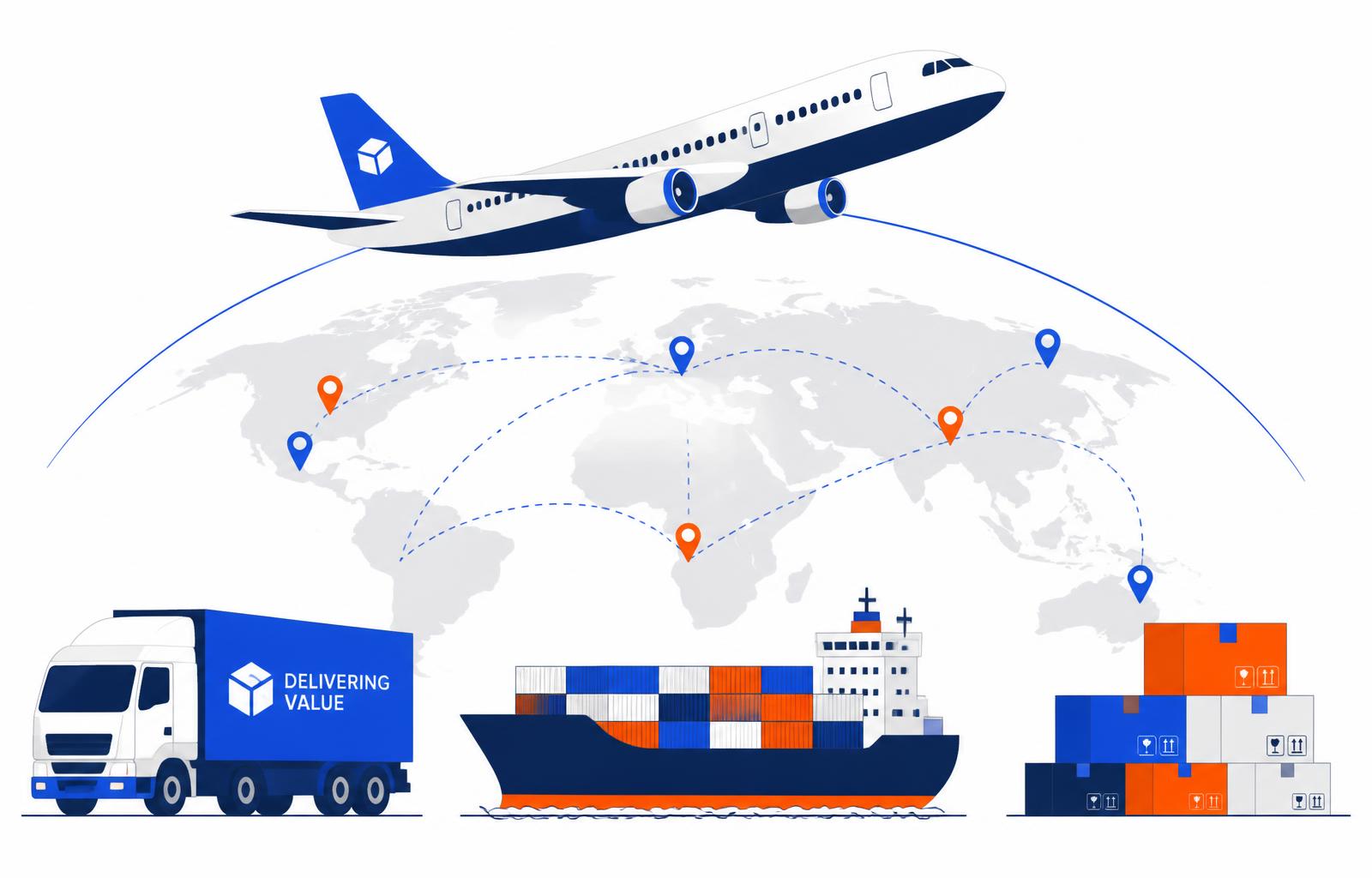 TrackJet logistics network with cargo jet, truck, container ship and parcels